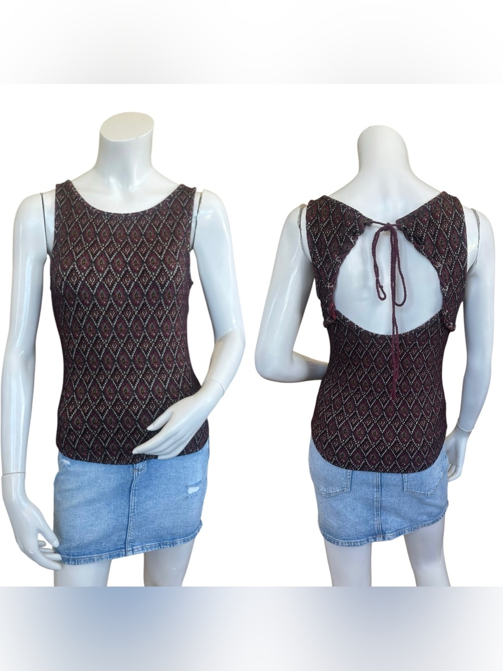Free People Maroon Black Tapestry Print High Neck Open Back Sleeveless Top Small